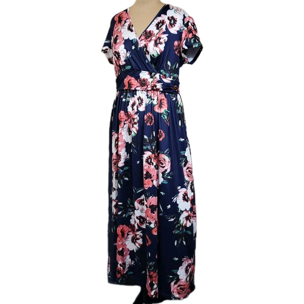 OUGES Dress Womens 2XL Blue Floral Wrap Maxi Short Sleeve V Neck Stretch
